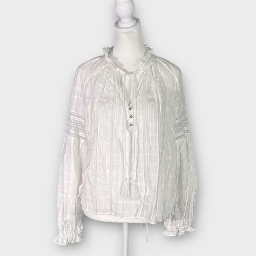 Veronica Beard Top Women's 2 White Long Sleeve Crochet Detail Ruffle Fringe Tie